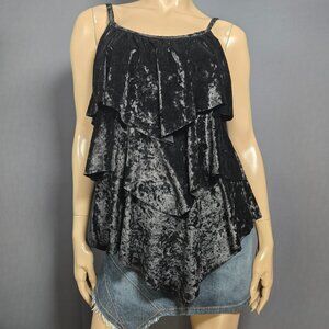 Y2K Black Crushed Velvet Babydoll Top Size M Sleeveless Tiered Gothic Witchy
